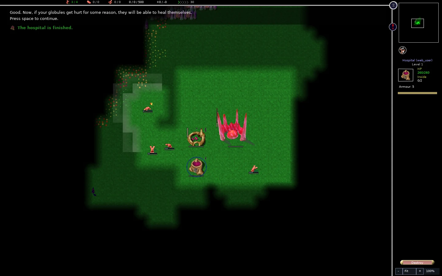 Selected hospital showing full health and room for two globs, with nearby inn and swarm.