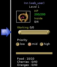 Inn sidebar crop with Working 0/0 and Food 10/10.