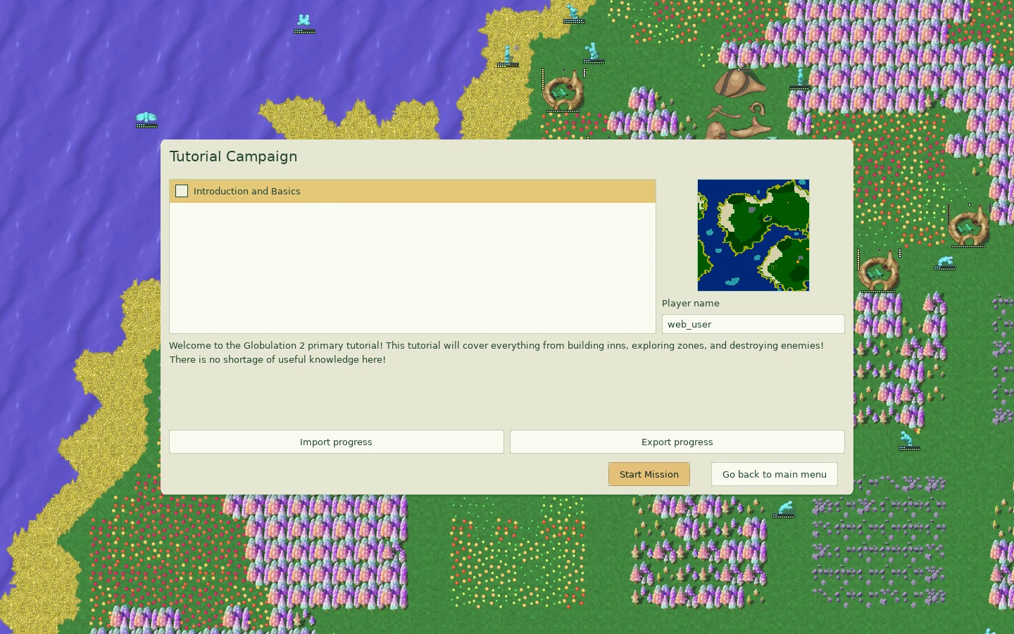Tutorial mission selection with the first mission and its map preview.