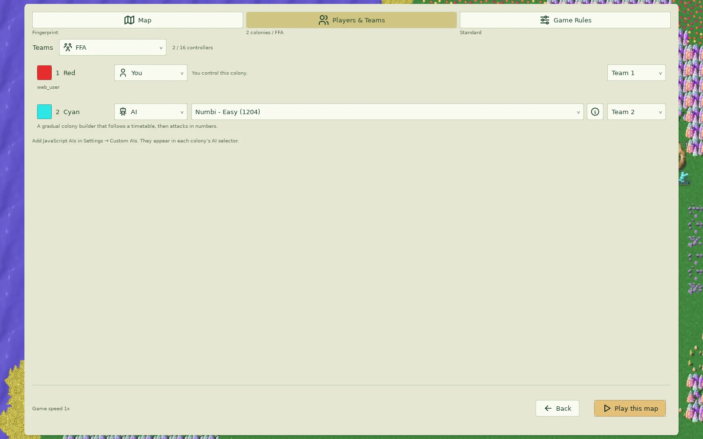 Players and Teams tab with two colonies, one controlled by You and the other by Numbi Easy; Standard shown above.