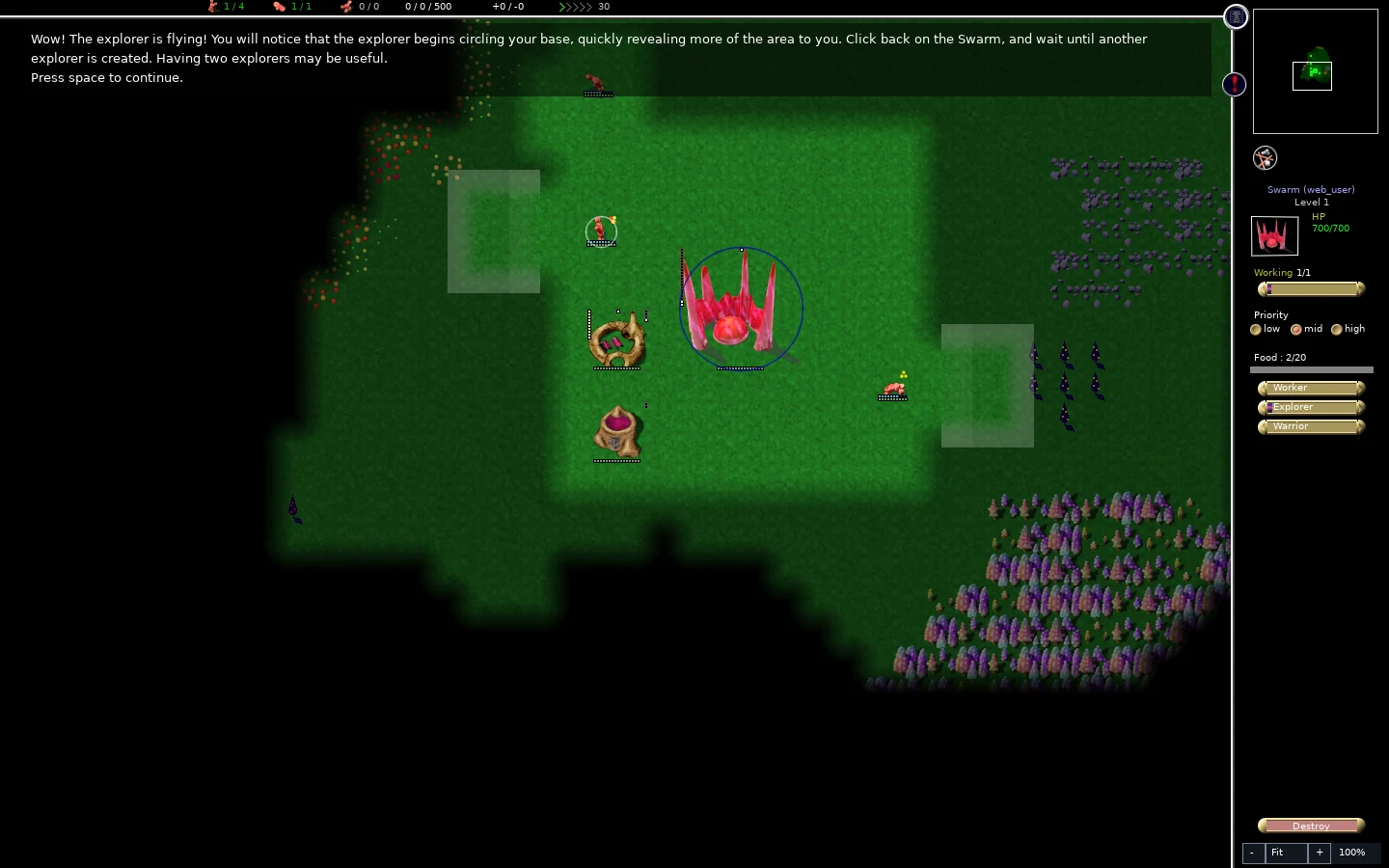 Selected swarm with its Working request and the three unit production ratio controls visible.