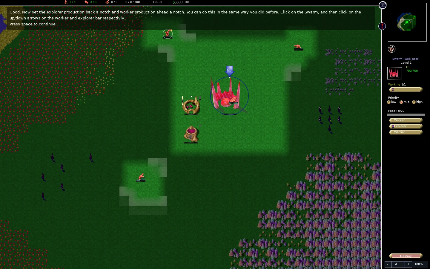 Expanded tutorial terrain and minimap; the top status bar shows two explorers and the swarm is selected.